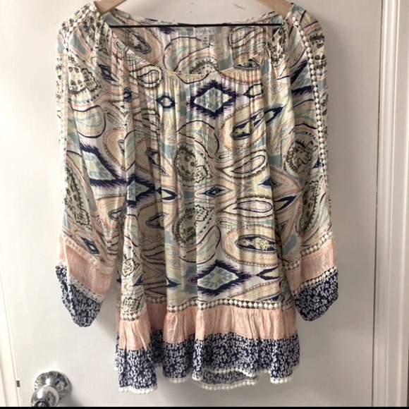 Fever Abstract Mosaic Print Embroidered Eyelet Tunic Boat Neck Pastels Multi M - Picture 2 of 8